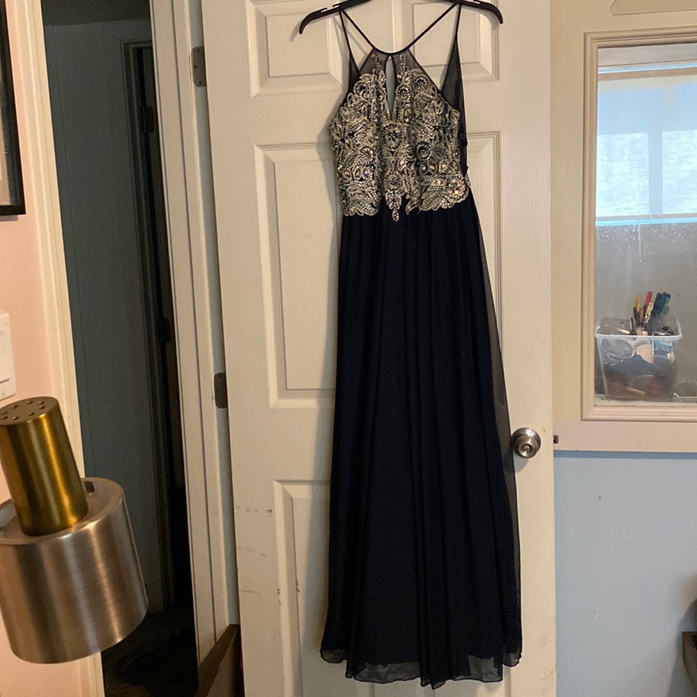 Floor length navy blue dress with gold